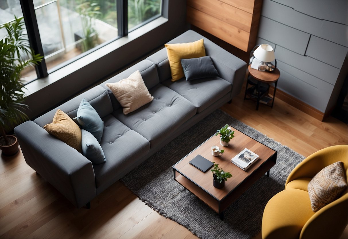 A top-down view of a living room with a sofa, coffee table, and armchair, all in a modern style