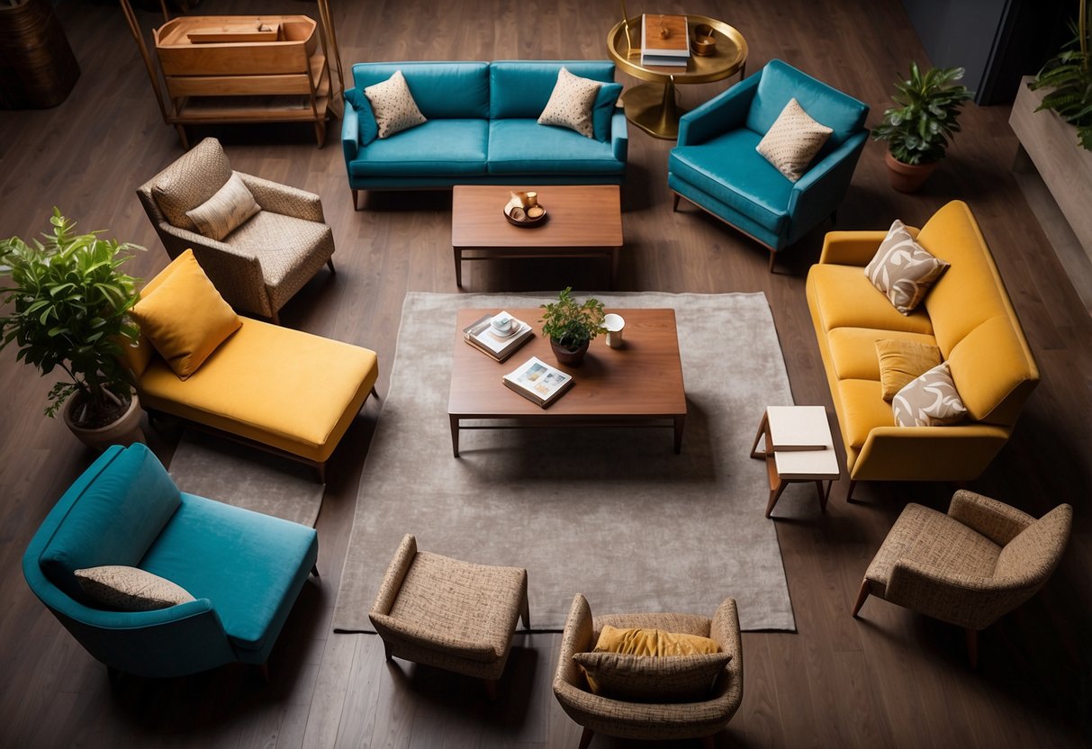 A top-down view of various furniture pieces arranged in a collection, including tables, chairs, sofas, and other decor items