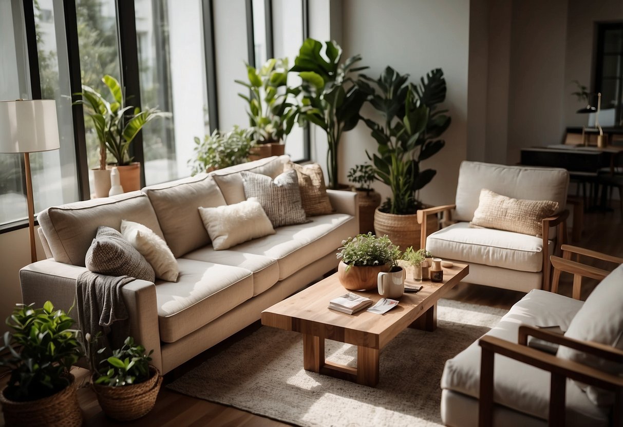A cozy living room with a sofa, coffee table, and armchair arranged in a top-down view. Decorative items like plants and lamps add warmth to the space