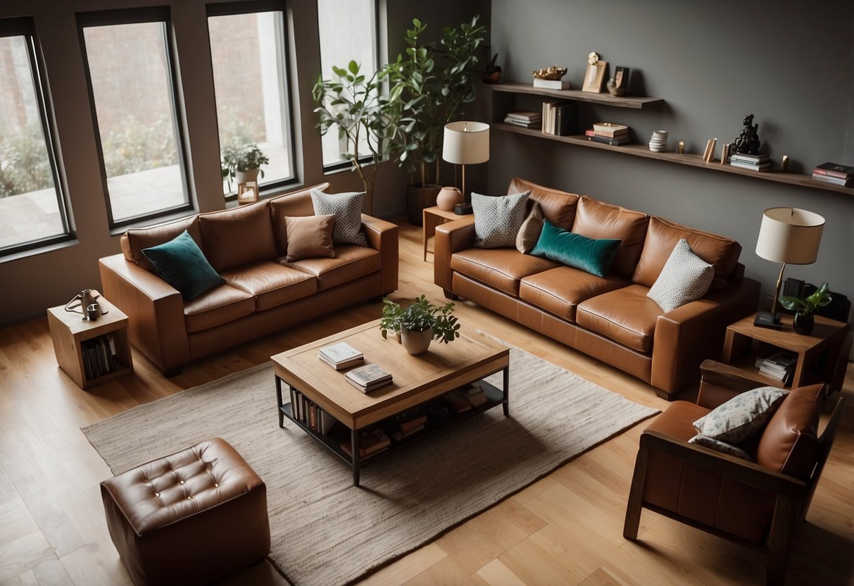 A top-down view of a room with various types of furniture arranged neatly, including a sofa, coffee table, chairs, and a bookshelf