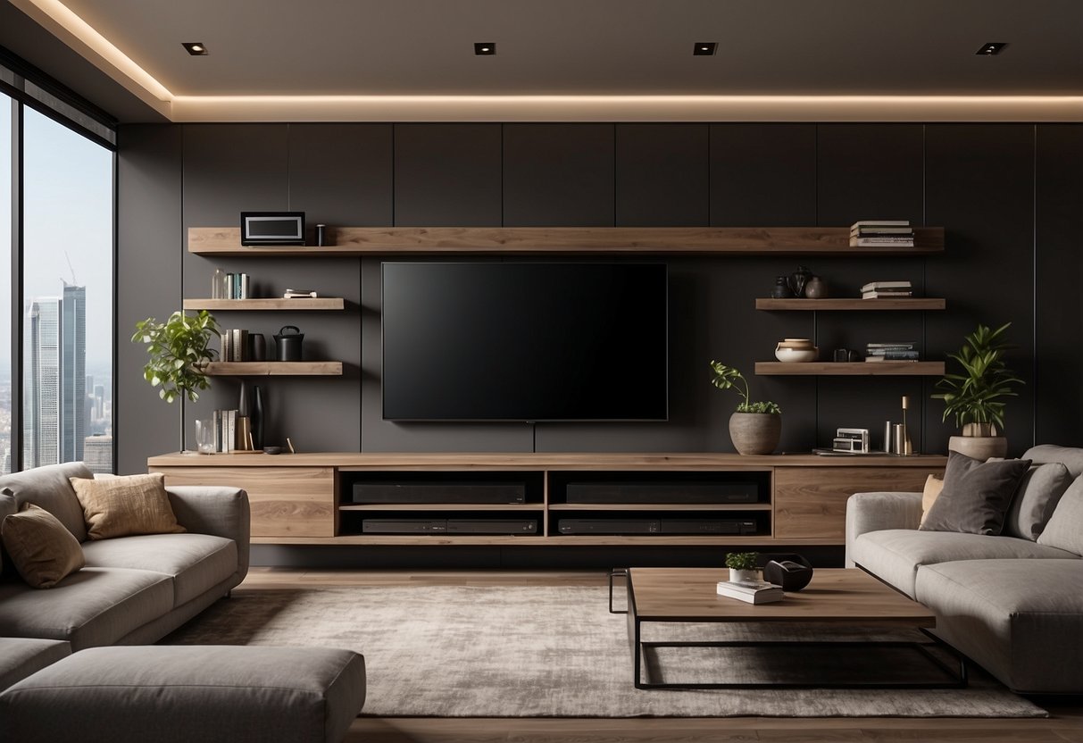 A sleek TV stand with a large flat-screen TV, surrounded by media consoles, shelves, and decor