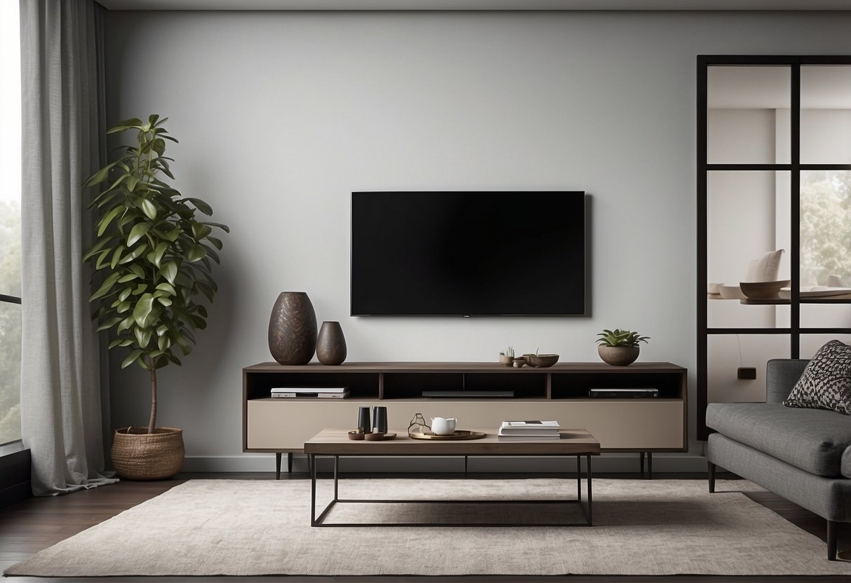 A modern living room with a sleek TV stand, media console, and floating shelves. Clean lines, minimalistic design, and a neutral color palette