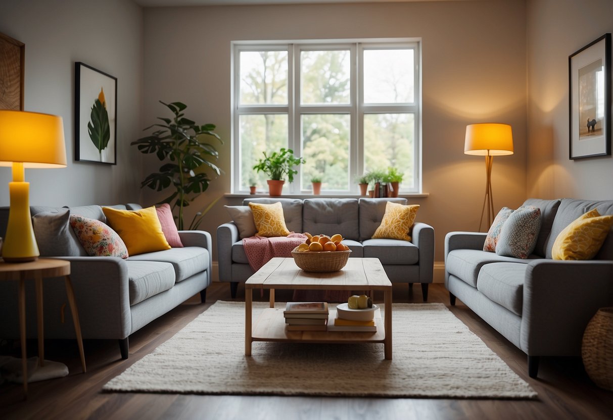 A cozy living room with colorful, stylish furniture arranged neatly. Bright lighting and cheerful decor create a welcoming atmosphere