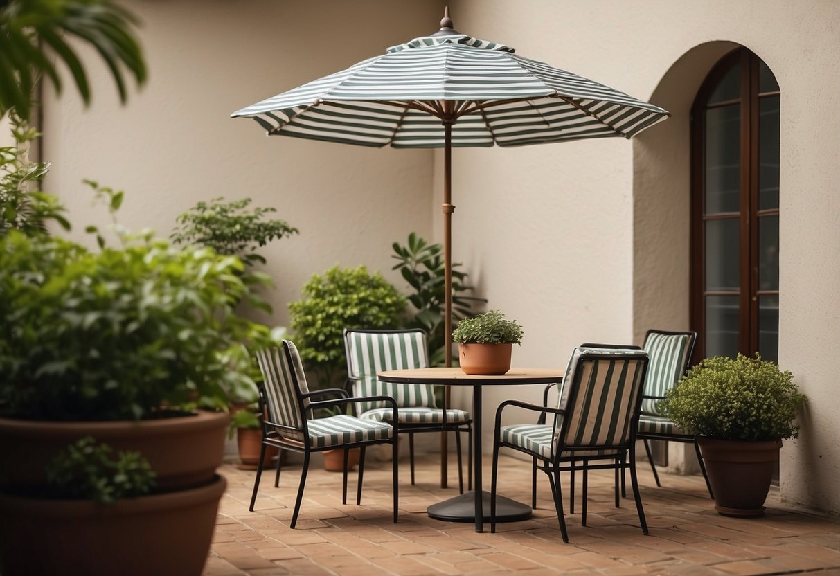 The veranda furniture is arranged neatly, with a table and chairs under a striped umbrella. A potted plant sits in the corner, adding a touch of greenery to the scene