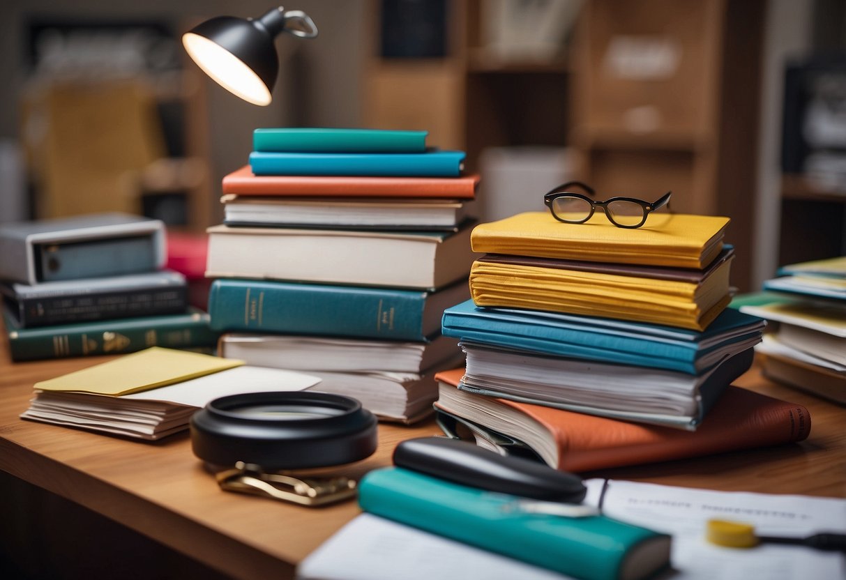 A stack of colorful furniture reviews spread across a desk, with a magnifying glass highlighting positive comments