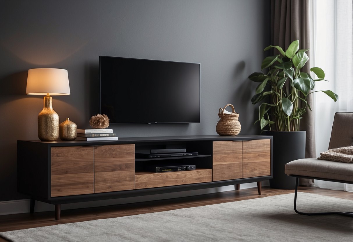 A living room with a sleek TV stand and media console, adorned with decorative items and surrounded by comfortable seating