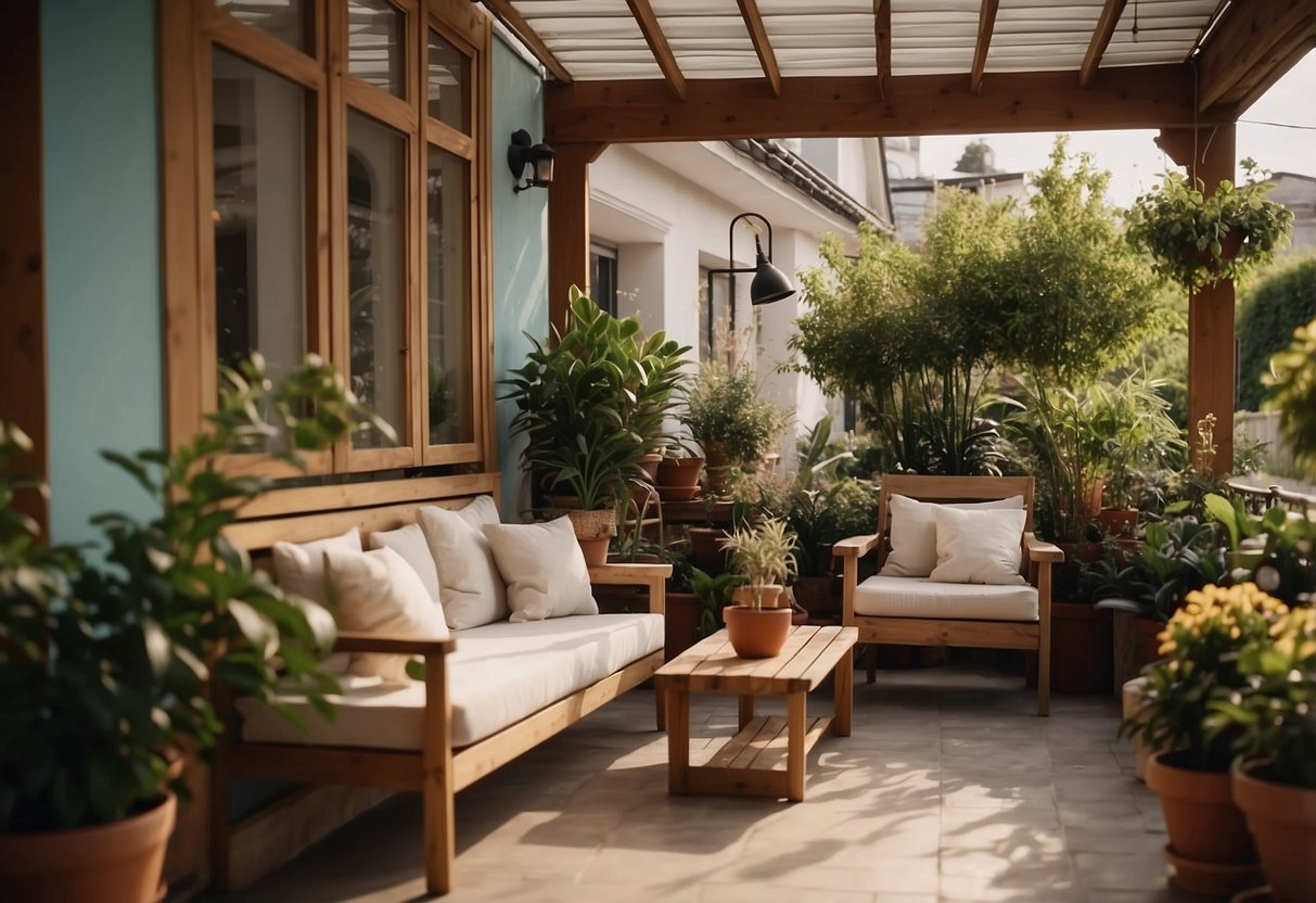 A cozy veranda with a wooden bench, a small coffee table, and a couple of comfortable chairs, surrounded by potted plants and soft lighting