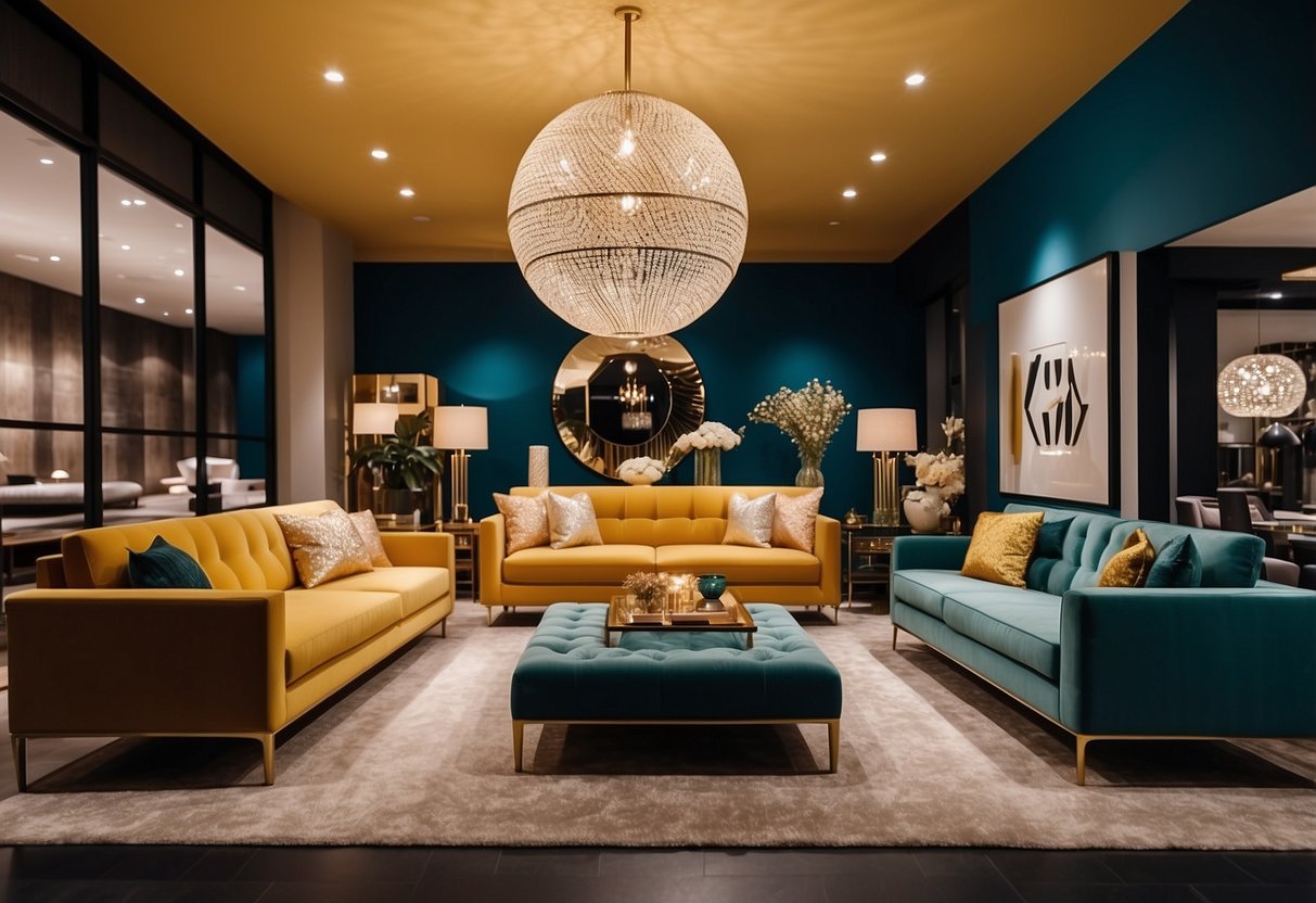 A brightly lit furniture showroom with modern and stylish pieces displayed in an organized and inviting manner. Rich textures and bold colors create an atmosphere of luxury and comfort