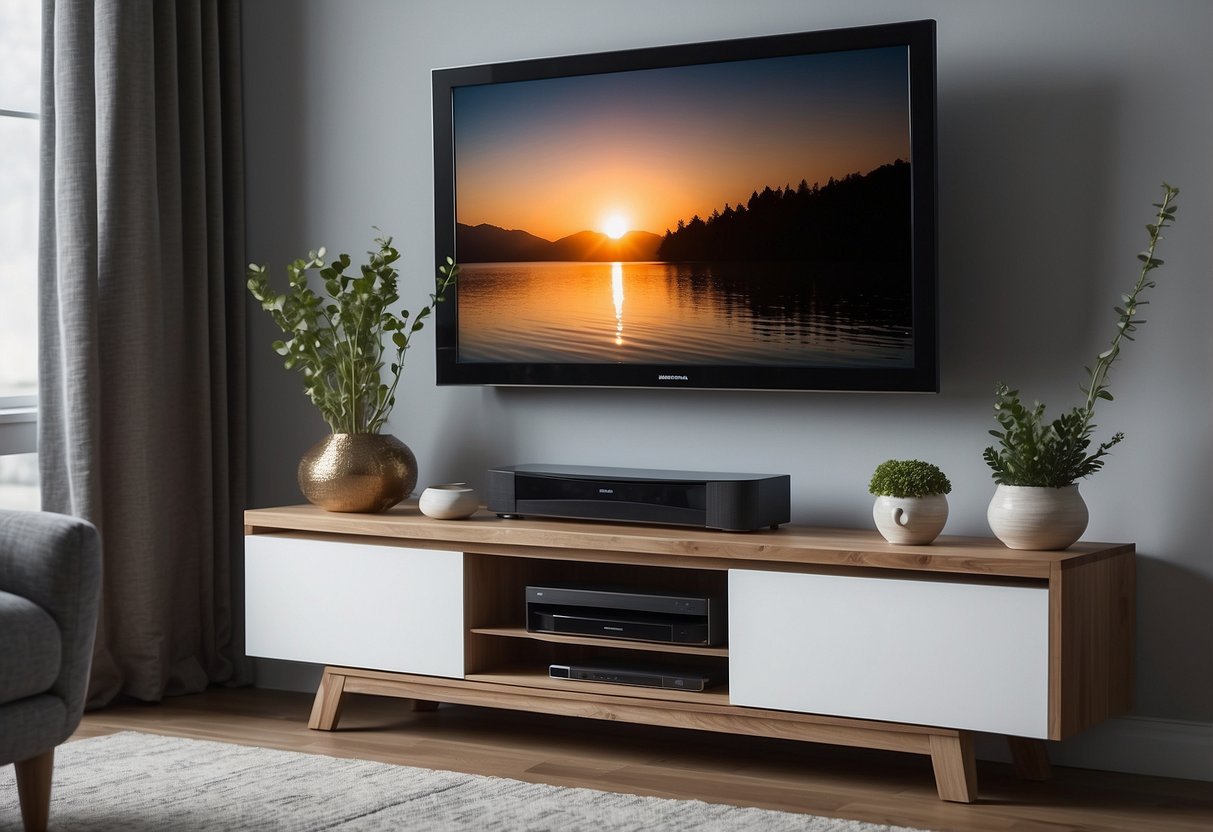 A modern living room with a sleek TV stand and media console, neatly organized with shelves for electronics and a clean, minimalist design