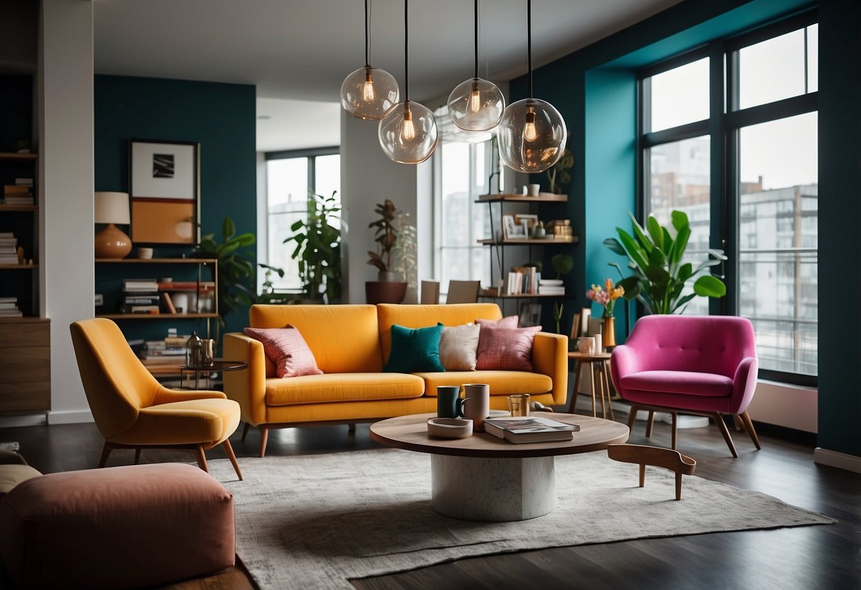 A room filled with colorful and modern furniture, with a stack of glowing reviews on a table