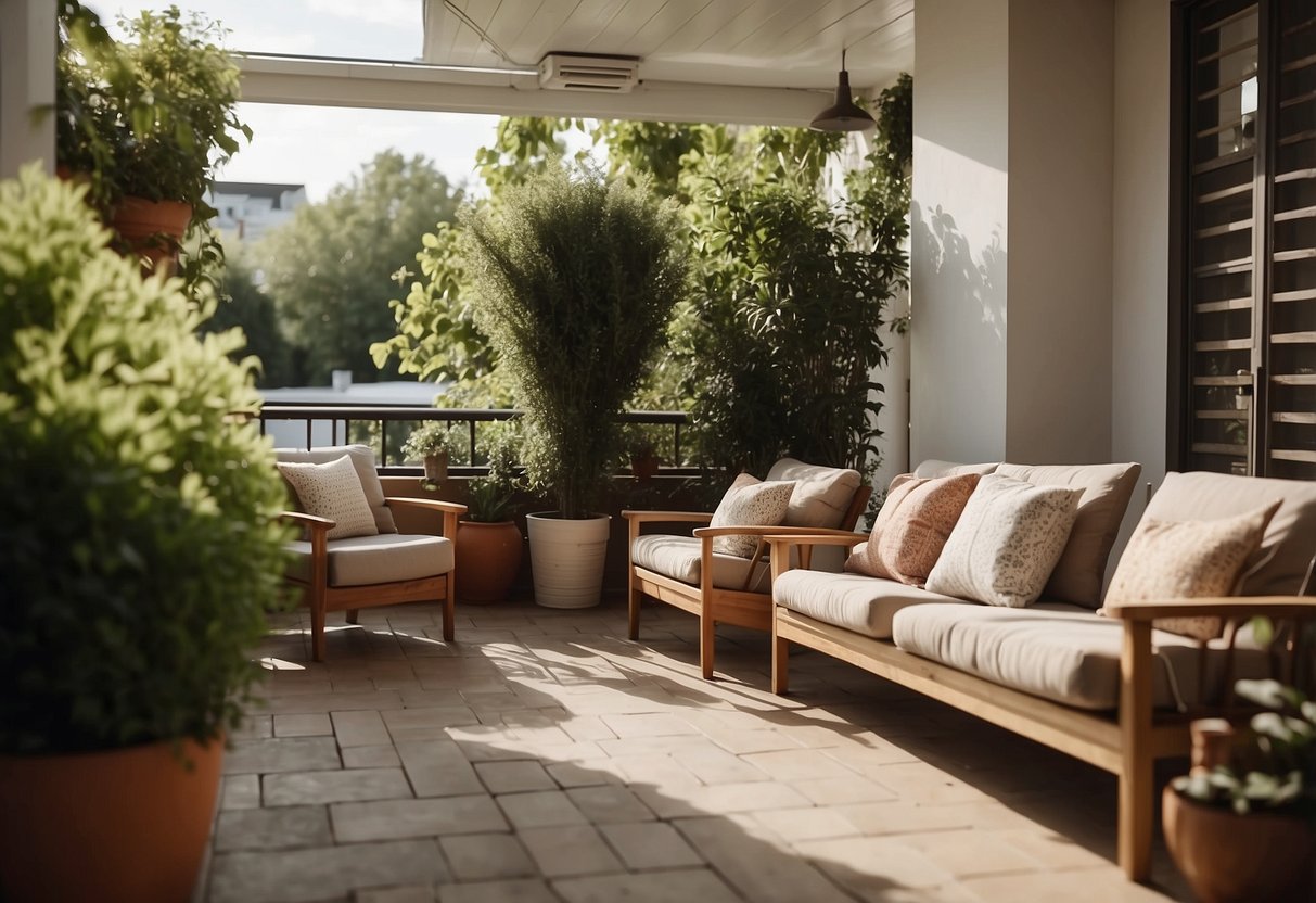 A veranda with cozy furniture, including a comfortable sofa, a couple of armchairs, and a small coffee table. A potted plant adds a touch of greenery, while soft cushions and a throw blanket provide a cozy atmosphere