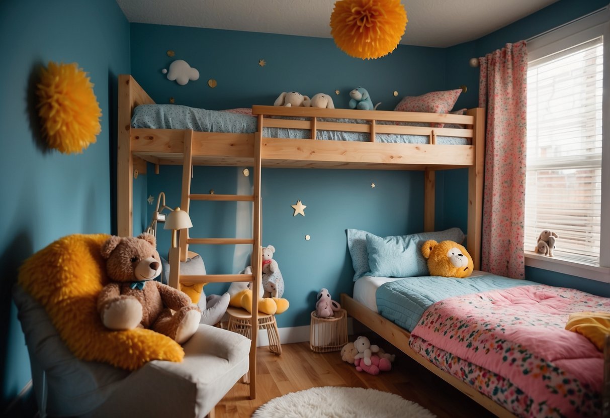A cozy bedroom with a Coaster Furniture bunk bed against the wall, complete with a ladder and safety rails. The bed is neatly made with colorful bedding and a few stuffed animals scattered around