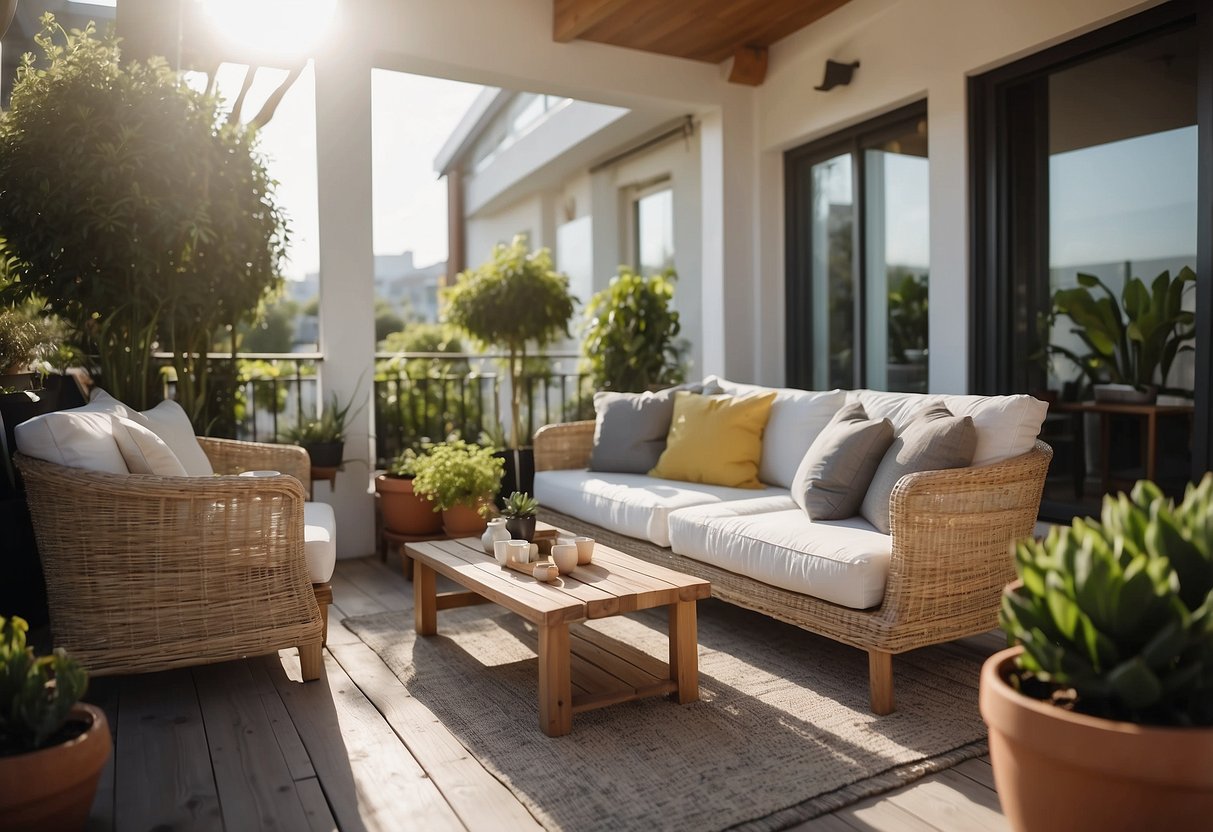 A veranda with modern outdoor furniture, including chairs, tables, and a cozy sofa. The setting is bright and inviting, with potted plants and stylish decor