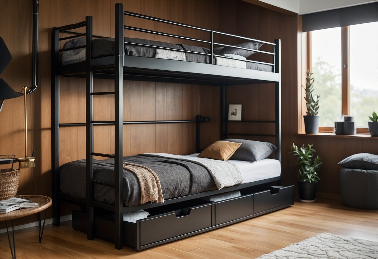 A modern bunk bed with sleek lines and built-in storage. Clean design with metal accents and durable materials