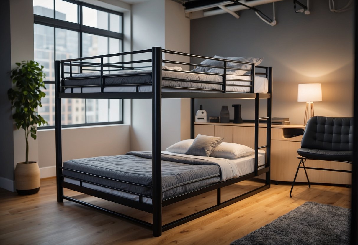 A brightly lit showroom displays the manufacturer and warranty information for a Coaster Furniture bunk bed, with clear, legible text and logos