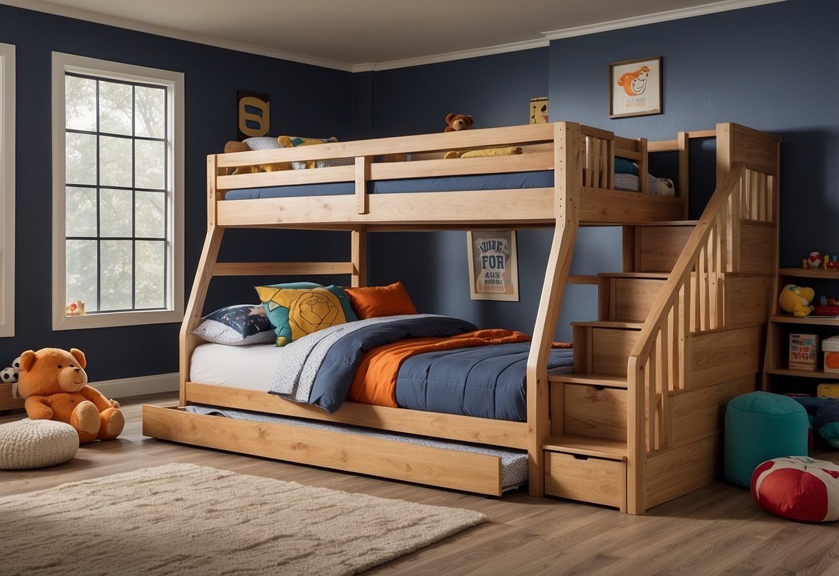 A bunk bed with built-in desk and storage, surrounded by children's toys and books, with a "Frequently Asked Questions" coaster furniture logo prominently displayed