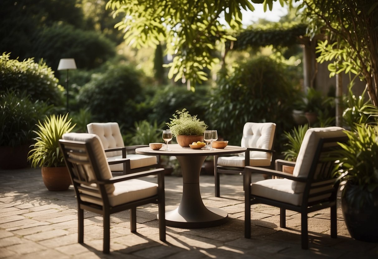 A cozy outdoor setting with plush chairs and a table, surrounded by lush greenery and dappled sunlight