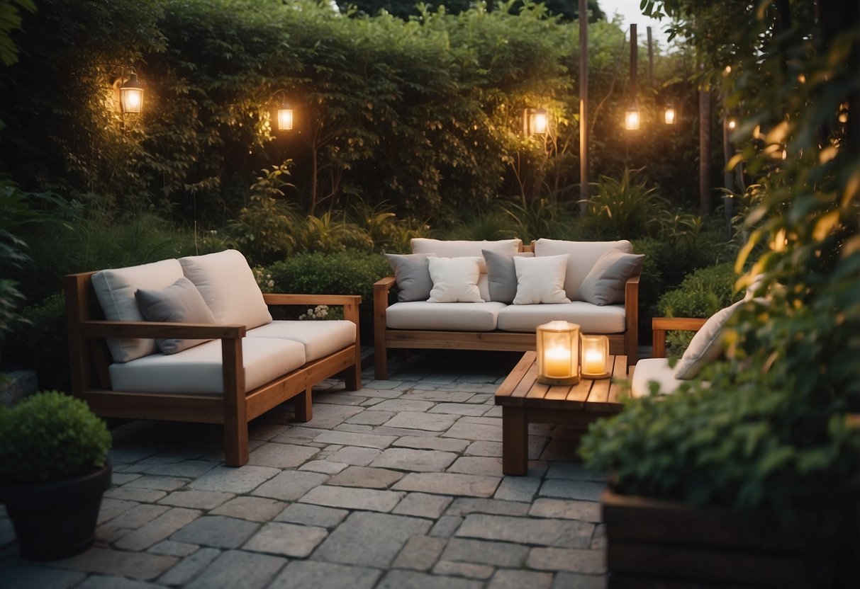 A cozy outdoor seating area with plush, comfortable furniture, surrounded by lush greenery and soft lighting