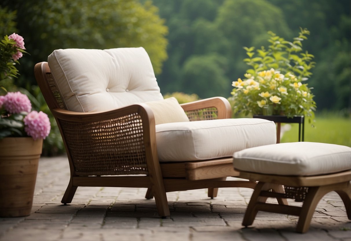 A cozy outdoor lounge chair with plump cushions and a side table, set against a backdrop of lush greenery and blooming flowers