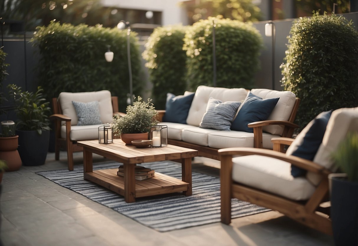 A cozy outdoor setting with stylish and inviting furniture arranged for relaxation and enjoyment