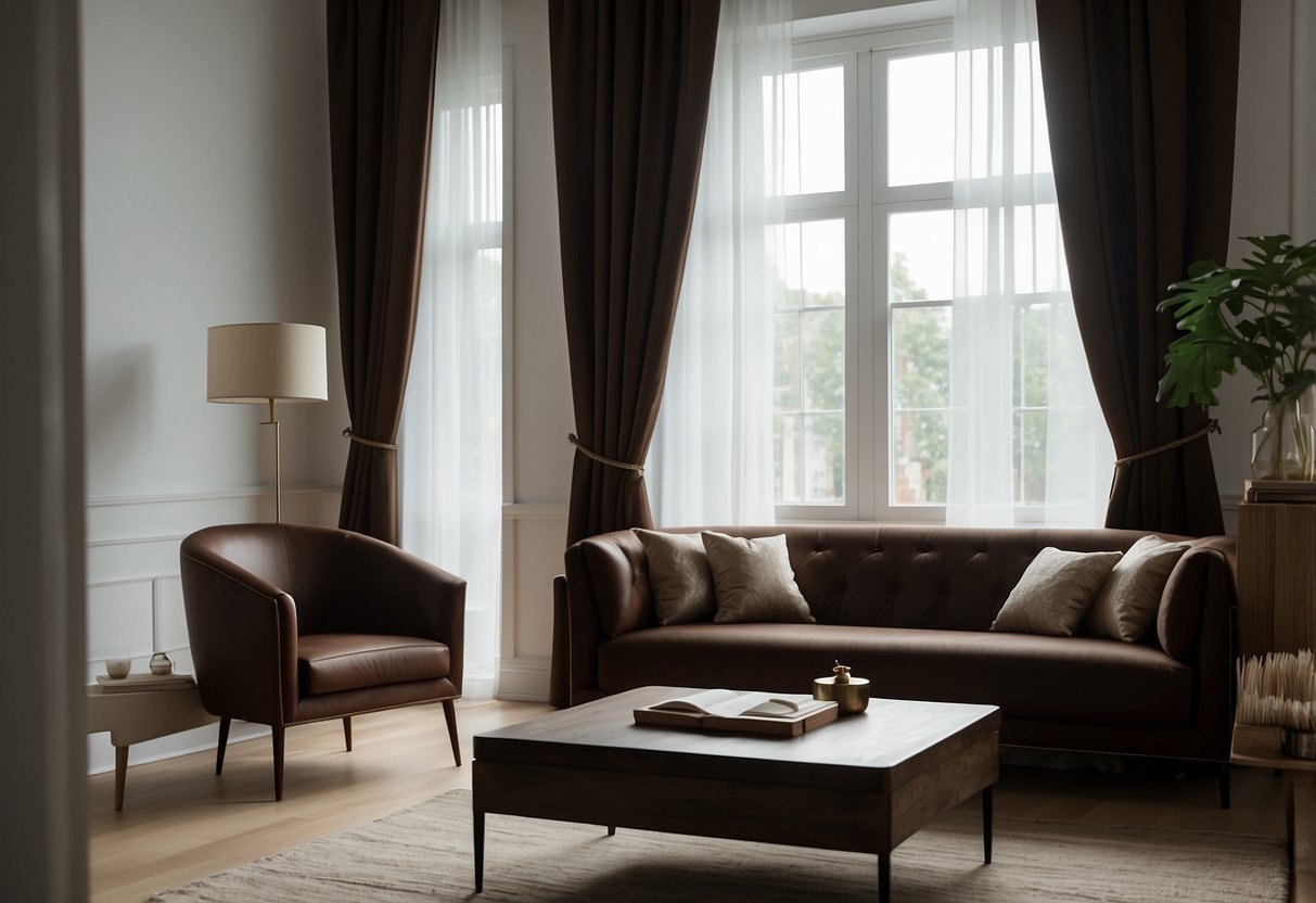 White walls contrast with brown furniture. Curtains are a deep shade, perhaps burgundy or navy, adding warmth to the room
