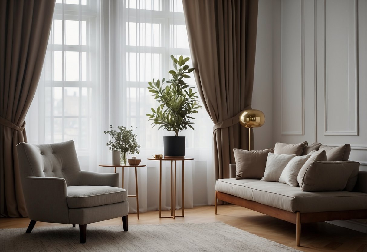 White walls complemented by brown furniture, with light gray curtains adding a touch of elegance and functionality