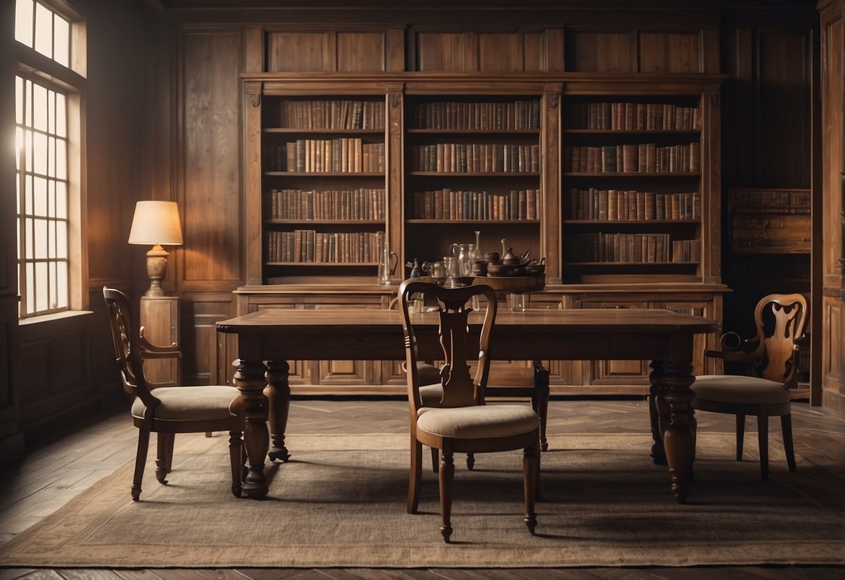 A room with rustic conan furniture, including a large wooden table, chairs, and a bookshelf filled with antique books