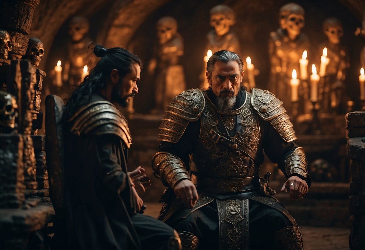A warrior examines intricate, weathered furniture in a dimly lit, ancient chamber, adorned with skulls and torches