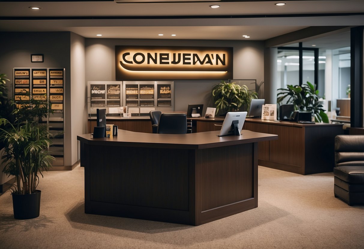 A room with various Conan furniture pieces. A sign reads "Frequently Asked Questions" above a customer service desk