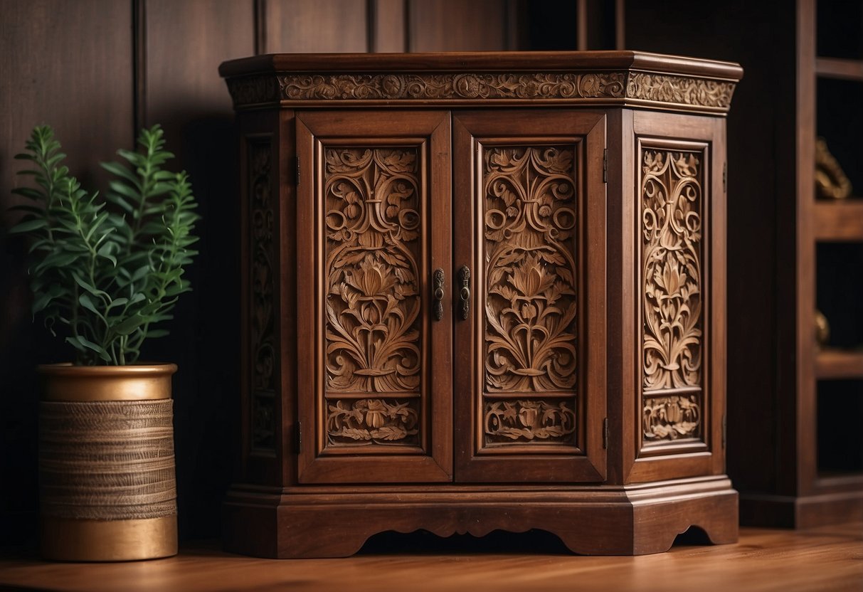 A vintage wooden corner cabinet adorned with intricate carvings and decorative trim