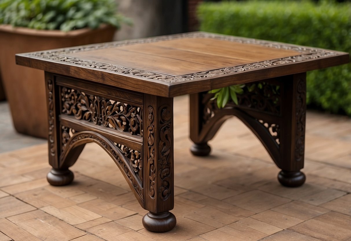 A simple wooden table with intricate carvings on the corners, adorned with small decorative flowers and vines