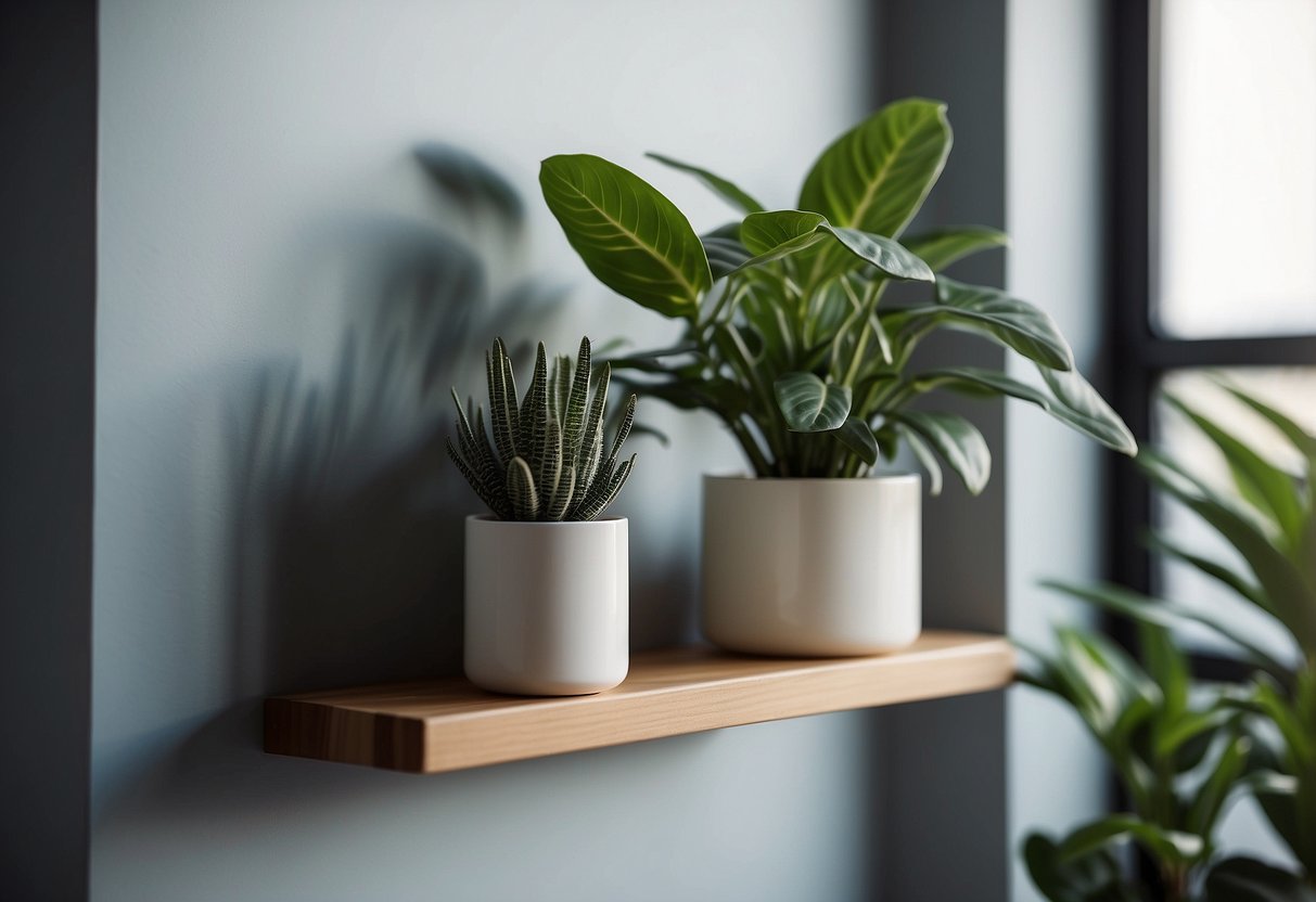 A modern, sleek corner shelf holds decorative items and plants, adding both functionality and aesthetics to the room