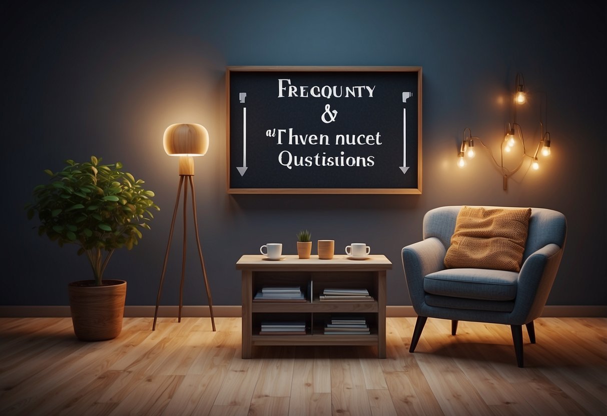 A cozy corner with a decorative "Frequently Asked Questions" sign above a comfortable chair and small table