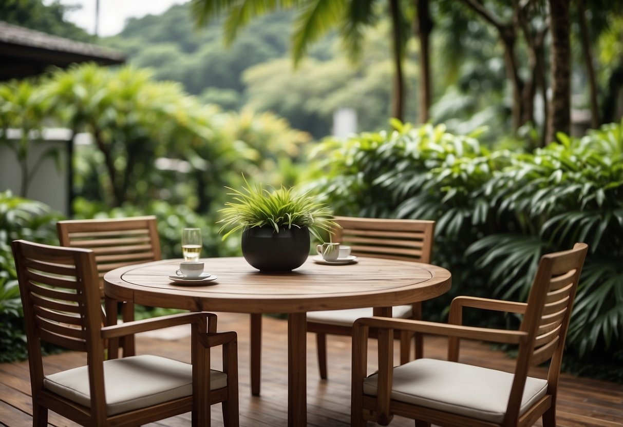 A wooden outdoor table and chairs set in a lush garden setting in Singapore. The furniture is well-crafted and blends seamlessly with the natural surroundings