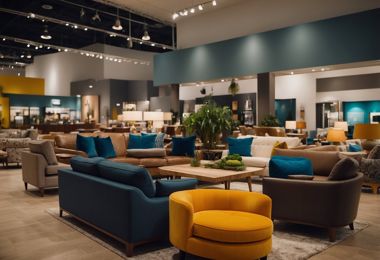 Customers browsing through modern furniture displays in Courts Furniture Store, with vibrant colors and sleek designs
