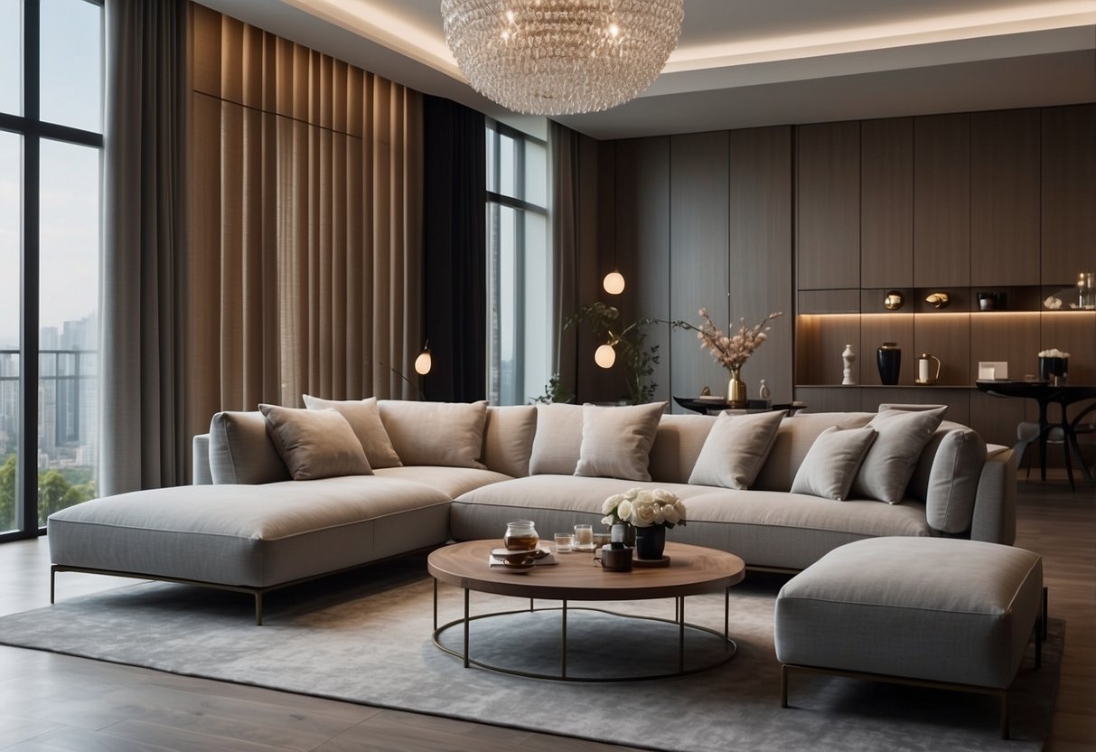 A modern living room with Yijia furniture, featuring sleek lines and minimalist design. A large, comfortable sofa sits in the center, surrounded by elegant coffee tables and contemporary lighting fixtures