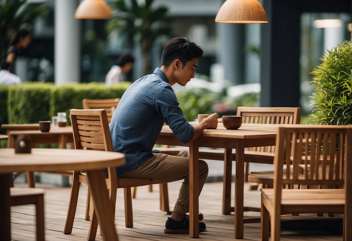 A person browsing through various wooden outdoor furniture options in a Singaporean showroom