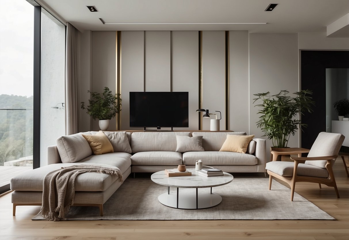 A modern living room with sleek, minimalist Actiu furniture, featuring clean lines and neutral colors