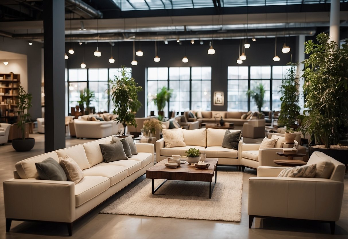 A spacious furniture shop with rows of neatly arranged sofas, tables, and chairs. Large windows let in natural light, illuminating the showroom