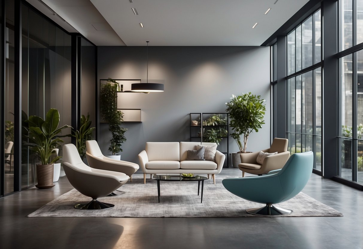 A spacious showroom displays Actiu's modern furniture range in various settings, featuring sleek office desks, ergonomic chairs, and stylish lounge seating