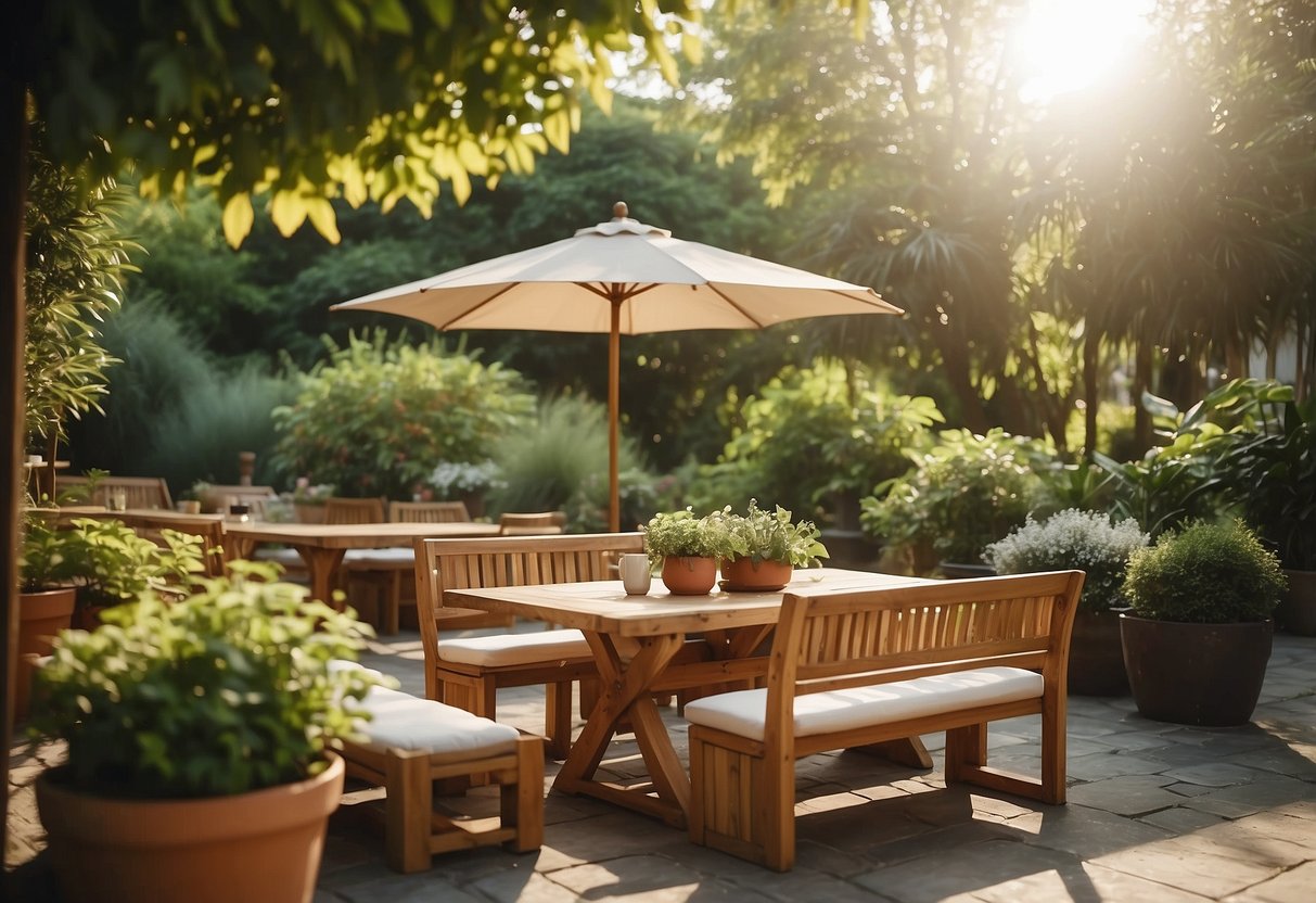 A sunny outdoor setting with a variety of wooden furniture pieces, including tables, chairs, and benches, surrounded by lush greenery and potted plants