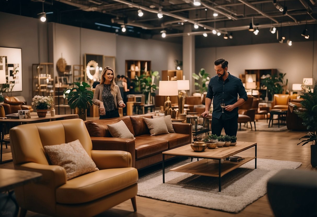 Customers browsing unique furniture pieces at 42 Furniture Shop. Displays of modern and vintage items fill the spacious showroom, creating a cozy and inviting atmosphere