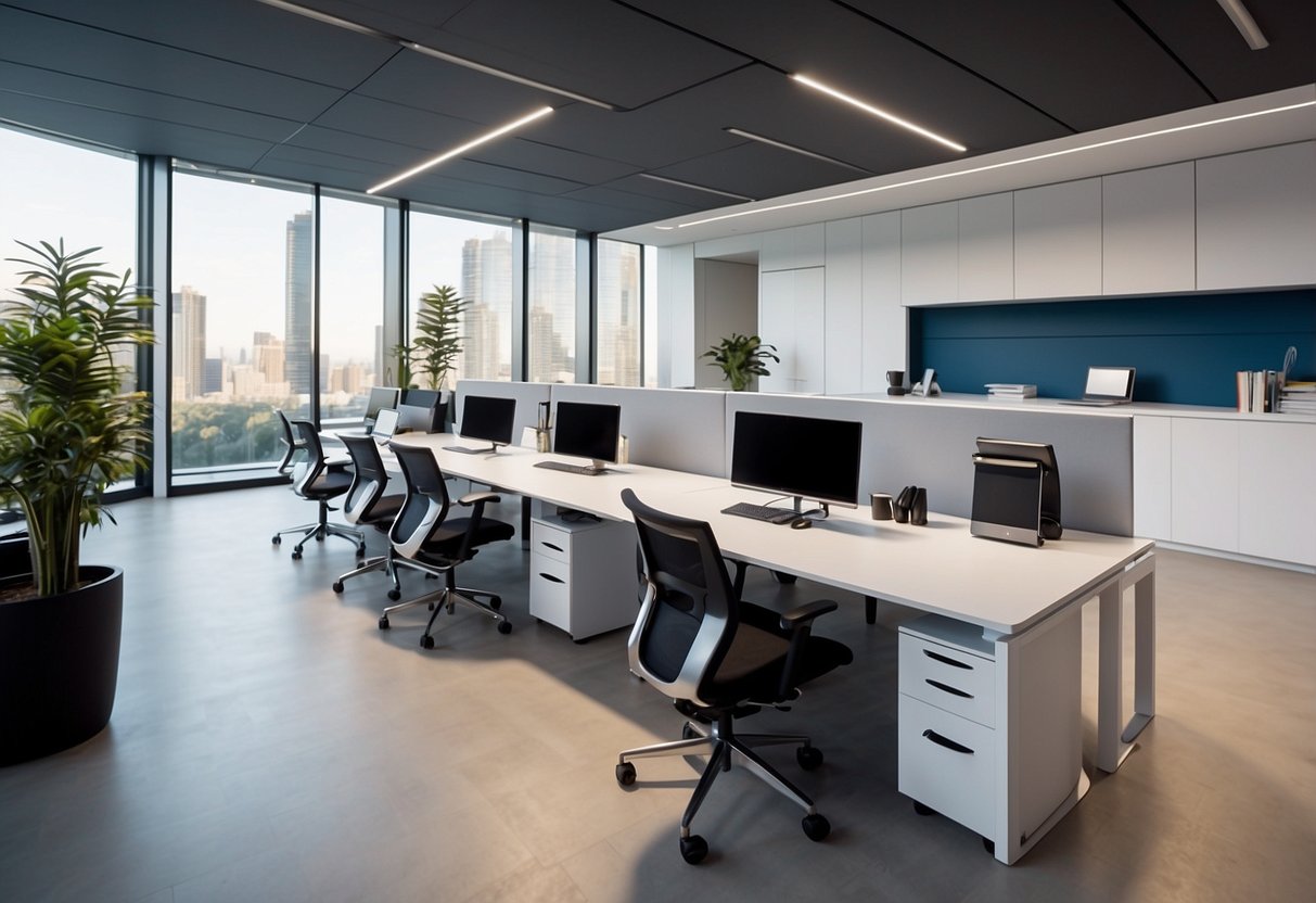 A modern office with sleek, minimalist Actiu furniture. Clean lines, ergonomic chairs, and functional workstations create a professional and efficient atmosphere