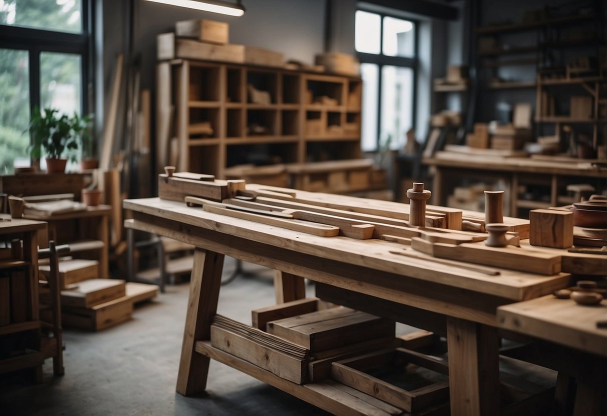 A workshop filled with tools and raw materials, showcasing the meticulous process of creating Yijia furniture with attention to quality and craftsmanship