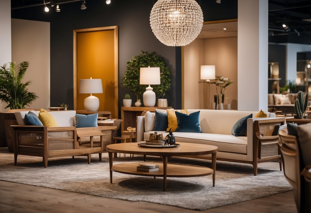A brightly lit furniture showroom with modern and classic pieces displayed. Price tags are visible, indicating affordability. Quality is emphasized through polished wood and sleek designs