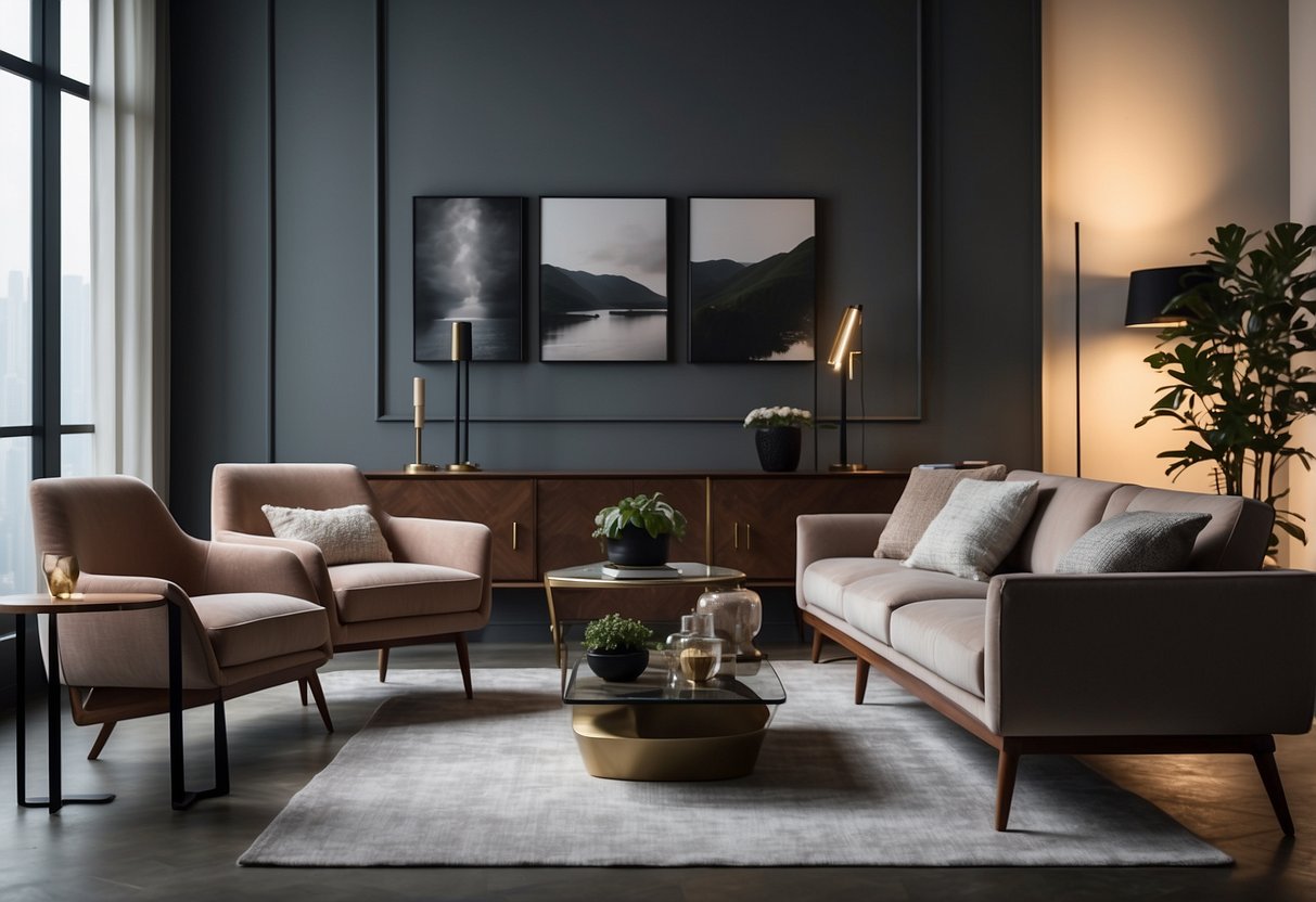 A room with modern furniture, including a sleek sofa, coffee table, and stylish chairs. A stack of brochures labeled "Frequently Asked Questions yijia furniture" on the table