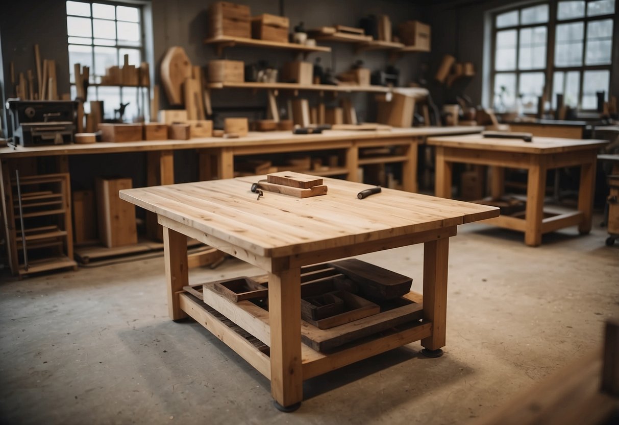 A workshop filled with custom handmade furniture in various stages of production. Tools and materials are scattered around, with sawdust covering the floor