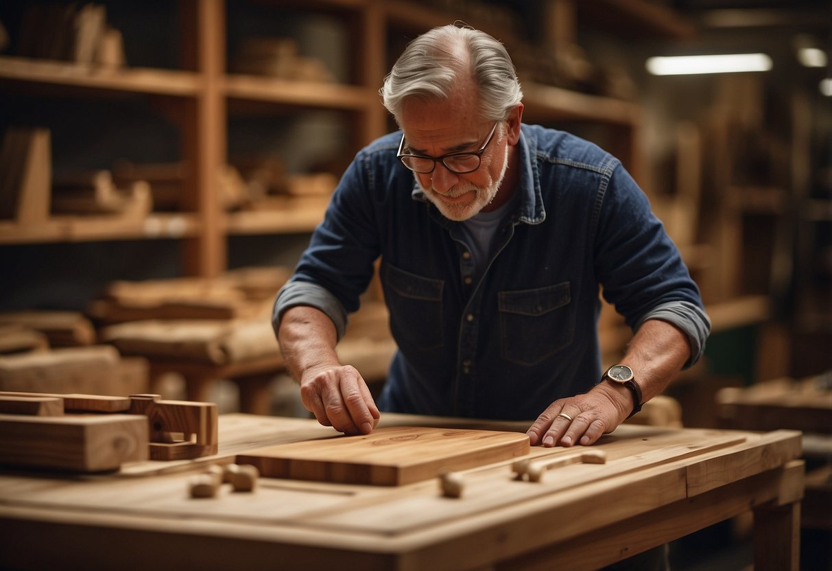 A woodworker meticulously carves intricate designs into a solid oak table, surrounded by shelves of beautifully crafted handcrafted furniture