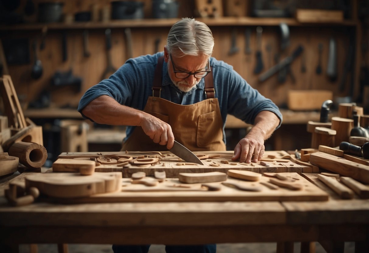 A craftsman carefully carves intricate designs into a solid wood table, surrounded by tools and raw materials in a well-lit workshop