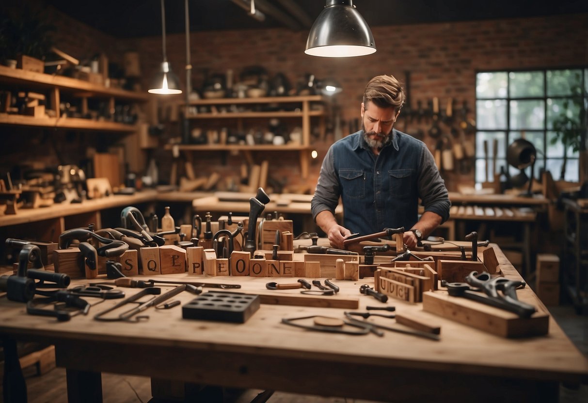 A workshop filled with tools and materials, a craftsman creating unique furniture pieces, a sign reading "Frequently Asked Questions custom handmade furniture"
